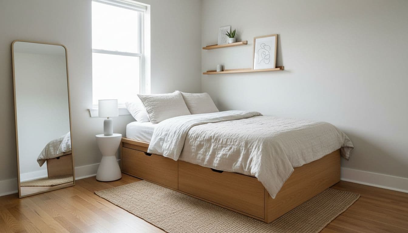 Compact bedroom with platform bed built-in drawers, floating shelves, leaning mirror opposite window, slim nightstand, neutral walls, hardwood floor.