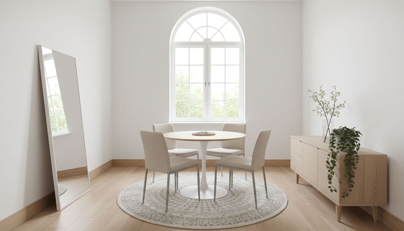 Small dining room with round pedestal table, slim chairs, leaning mirror opposite window, oak sideboard, white walls, hardwood floor.
