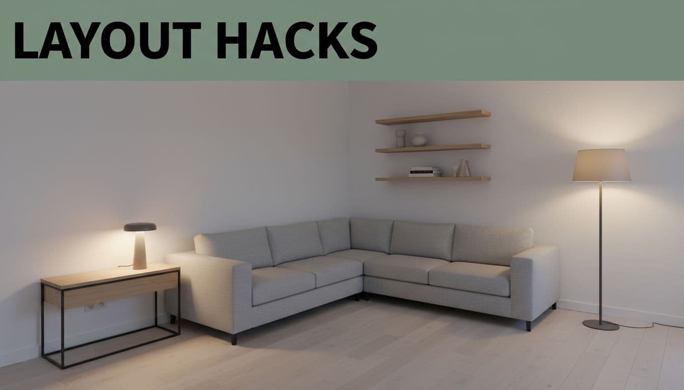 Compact urban apartment living room with L-shaped sofa against walls, slim console table, floating shelves, and floor lamp, angled to show open flow and efficient space use in contemporary style with soft evening light and pale walls. Features bold 'Layout Hacks' headline on muted dark-green band at top.