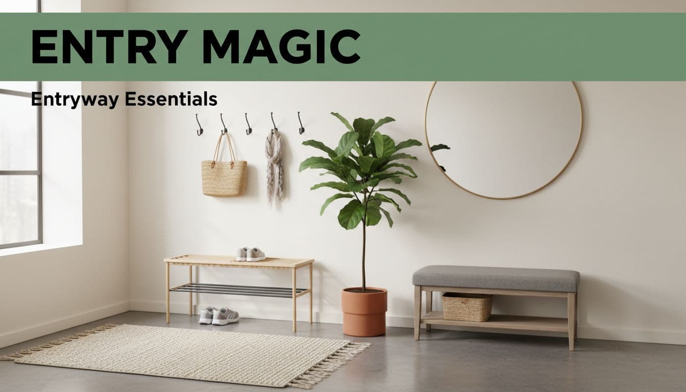 Photo-realistic entryway in a studio apartment with hooks, shoe rack, tall plant, mirror, cozy rug, and multifunctional bench, illusion of open space, natural light, no people. Editorial style featuring 'Entry Magic' headline on green band and 'Entryway Essentials' section title.