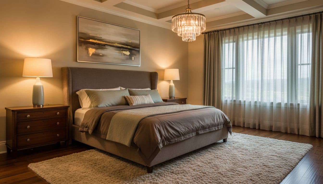 Symmetrical master bedroom with matching nightstands, taupe velvet bedding, sage accents, abstract art above bed, plush rug, sheer curtains, and warm lighting on polished floors.