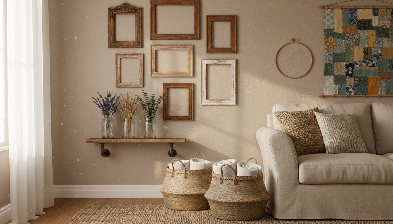 Thrifted wooden picture frames arranged on a neutral wall in a cozy living room corner, mason jars with dried flowers on a wooden shelf, woven baskets holding rolled towels beside a sofa, simple DIY wall art from fabric scraps, warm natural daylight filtering through sheer curtains, high-resolution realistic photo, landscape composition with central focus on frames and jars, no people, exactly one shelf and two baskets, no text, no logos, no watermarks