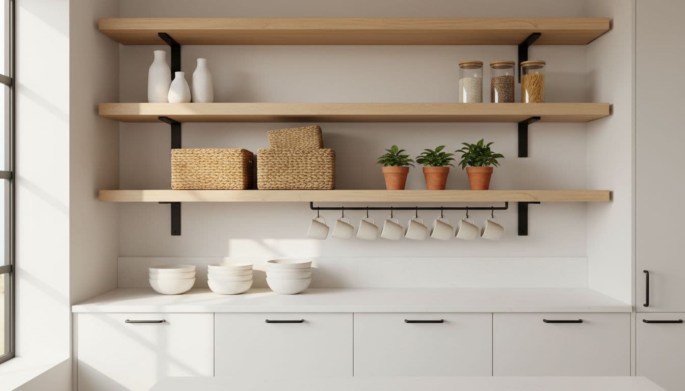 Open wooden shelves above white cabinets display grouped white ceramics, glass jars, woven baskets, layered mugs, bowls, and terracotta plants.