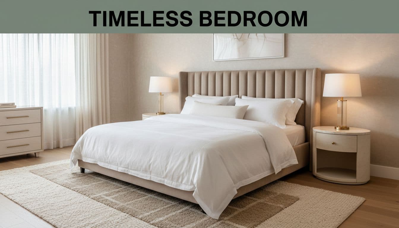 Elegant neutral bedroom retreat with a king bed, white linens, beige headboard, layered neutral rugs, gold accents, and bedside lamps, evoking a serene atmosphere under natural light. Features a bold 'Timeless Bedroom' headline in geometric sans-serif on a muted dark-green band at the top.