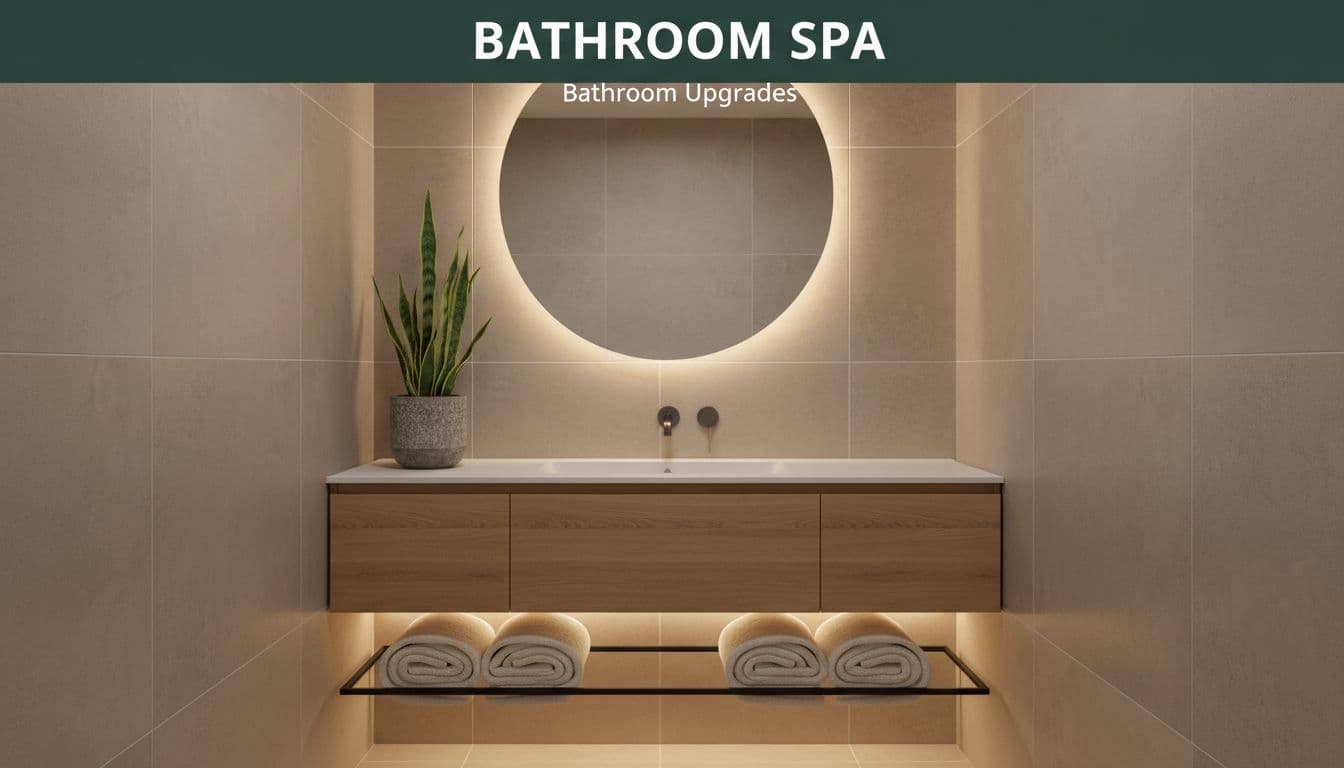 Tiny stylish bathroom with neutral tiles, round mirror, floating vanity, plants, and towel rack, creating a spa-like feel centered on the sink area with warm ambient light.