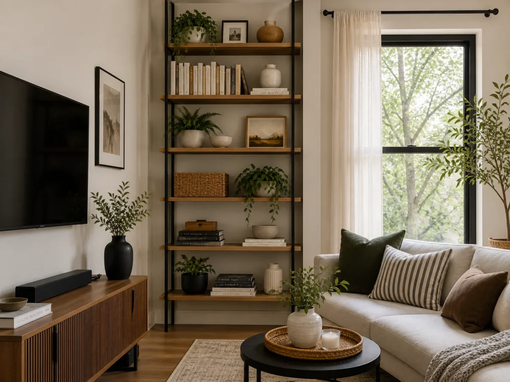 Room layout showing the vertical storage in small living room