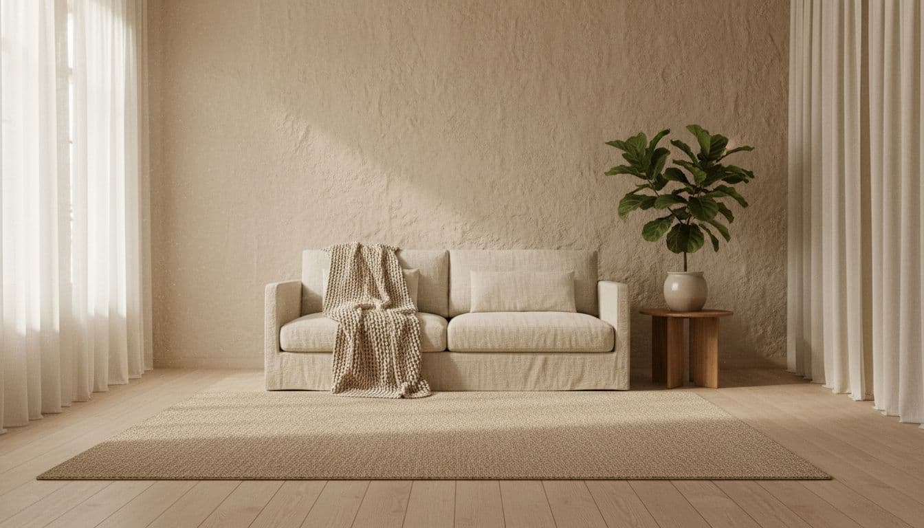 Textured beige walls frame a simple linen sofa, oak side table, wool throw, potted plant, with soft light through sheer curtains.