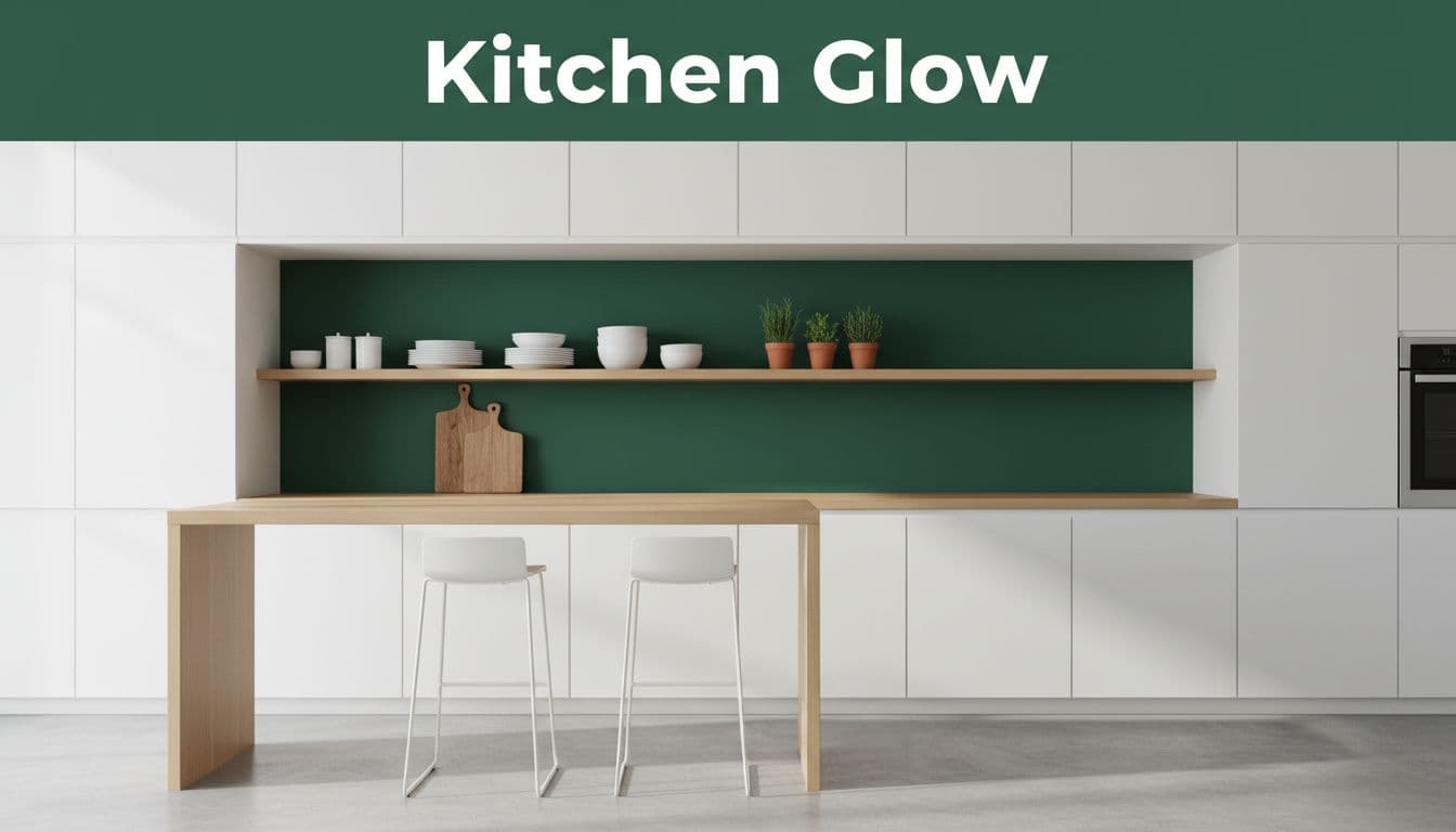 Small white kitchen with a vibrant green accent wall, open shelving displaying white dishes, wooden cutting board, and potted herbs on the counter with exactly two stools. Bright daylight illuminates the modern realistic photo in a bold editorial style featuring the 'Kitchen Glow' headline on a muted dark-green band at the top.