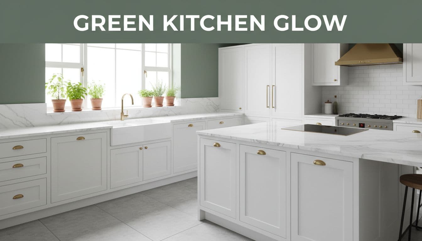 Bright modern white cooking space with green wall accents, marble counters, potted herbs on windowsill, brass hardware, and clean lines in realistic photo style with soft lighting. Features bold 'Green Kitchen Glow' headline on a muted dark-green band at the top, neutral green palette, no people or text.