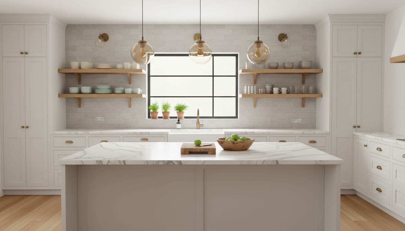 Bright white cabinets line marble-veined countertops and island, wooden shelves hold plates and mugs, brass hardware accents drawers, gray subway tile backsplash, potted herbs on windowsill.