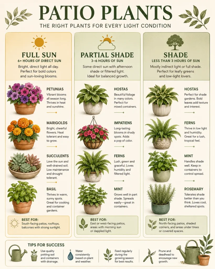 Infographic showing the best patio plants for full sun, partial shade, and shade, including petunias, hostas, ferns, marigolds, succulents, basil, mint, and care tips for different light conditions.