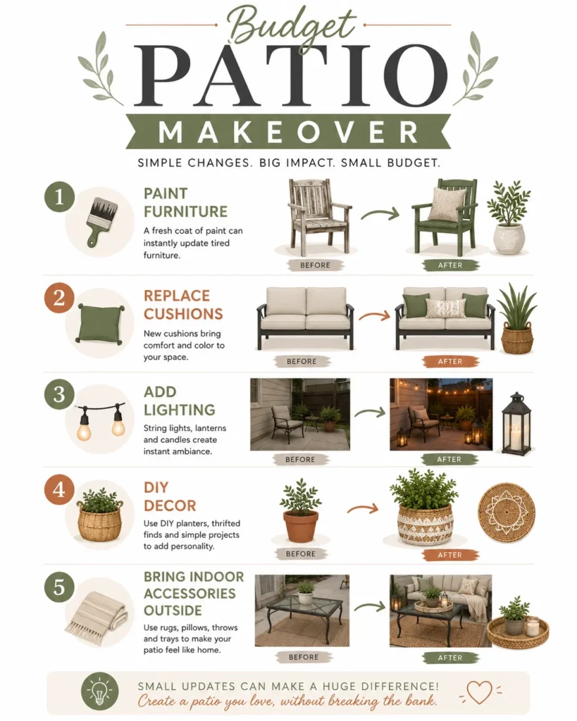 Infographic illustrating five affordable patio makeover ideas including painting furniture, replacing cushions, adding lighting, DIY décor, and using indoor accessories outdoors with before-and-after examples.