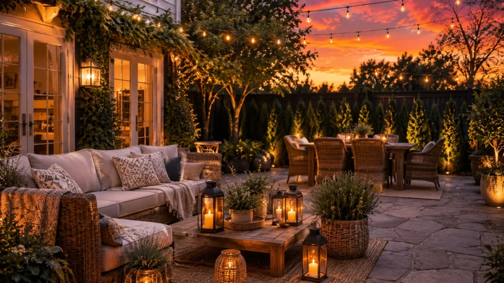 Elegant backyard patio at sunset featuring comfortable outdoor seating, lanterns, candles, lush greenery, string lights, and a warm dining area creating a cozy outdoor retreat.