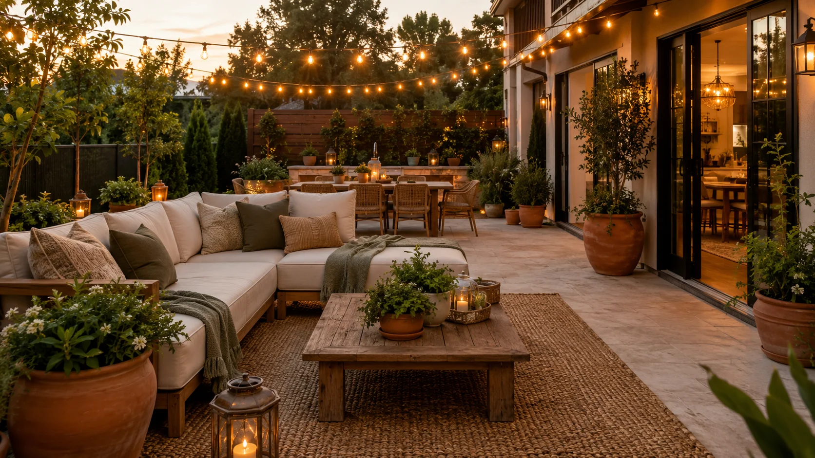 Stylish backyard patio featuring comfortable seating, natural wood furniture, potted plants, woven rugs, lanterns, and warm string lights for a welcoming outdoor living space.