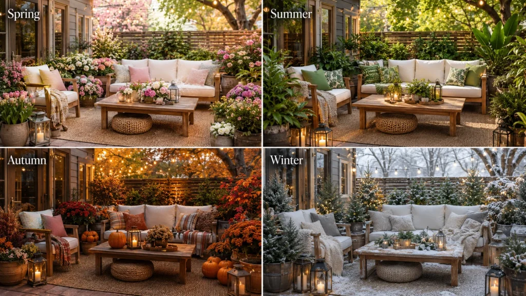 Four-season patio inspiration showing spring flowers, summer greenery, autumn pumpkins, and cozy winter décor to keep an outdoor living space attractive year-round.