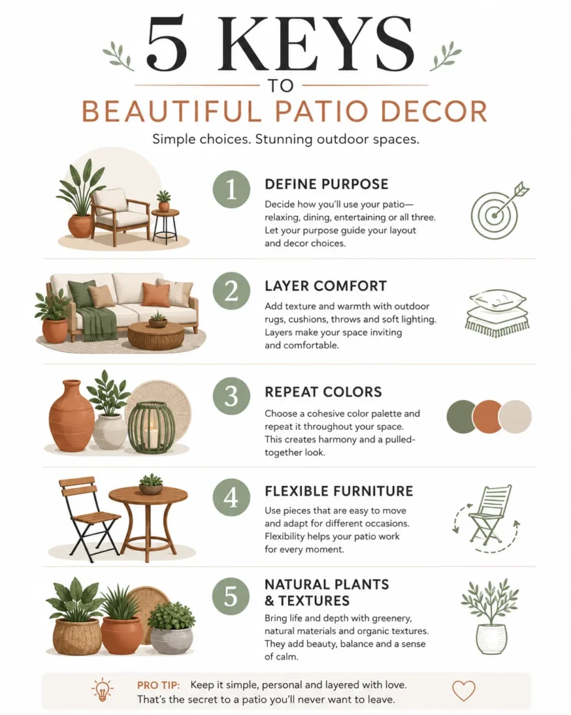 Infographic highlighting five essential patio decorating principles including defining purpose, layering comfort, repeating colors, flexible furniture, and using natural plants and textures.