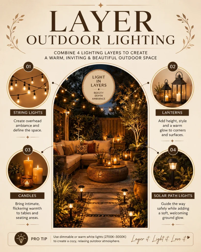 Patio illuminated with layered outdoor lighting including string lights, lanterns, candles, and solar path lights surrounding comfortable seating and lush landscaping.