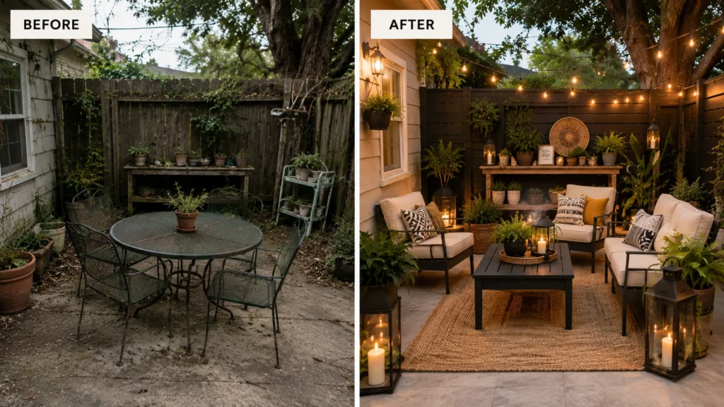 Before-and-after comparison of a neglected backyard patio transformed into a stylish outdoor living space with furniture, plants, rugs, lanterns, and string lighting.