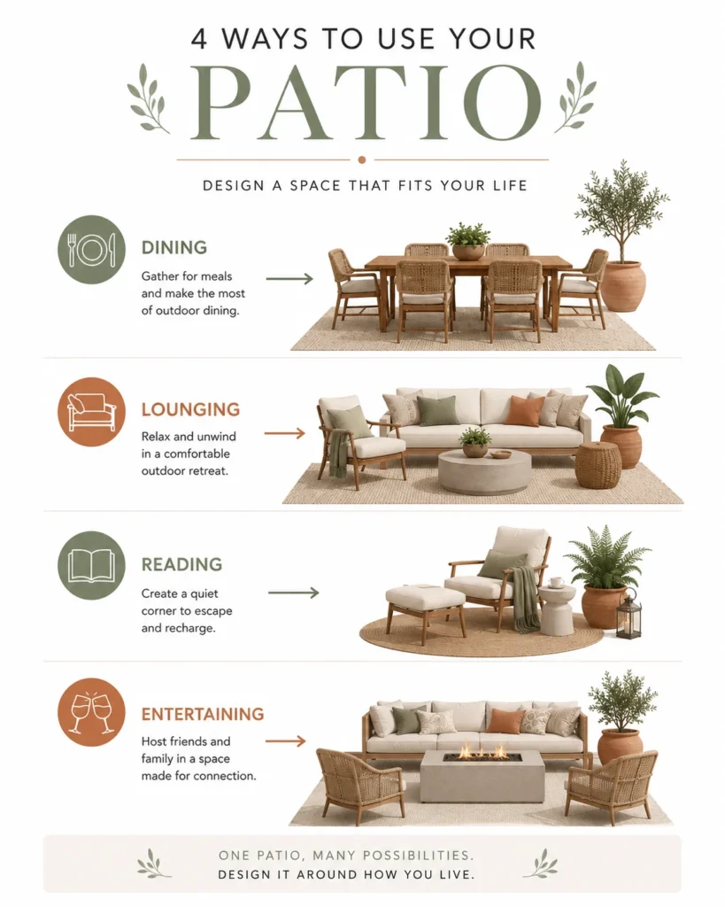 Homeowner planning a patio makeover by arranging furniture, cushions, plants, and design samples while reviewing an outdoor layout plan.