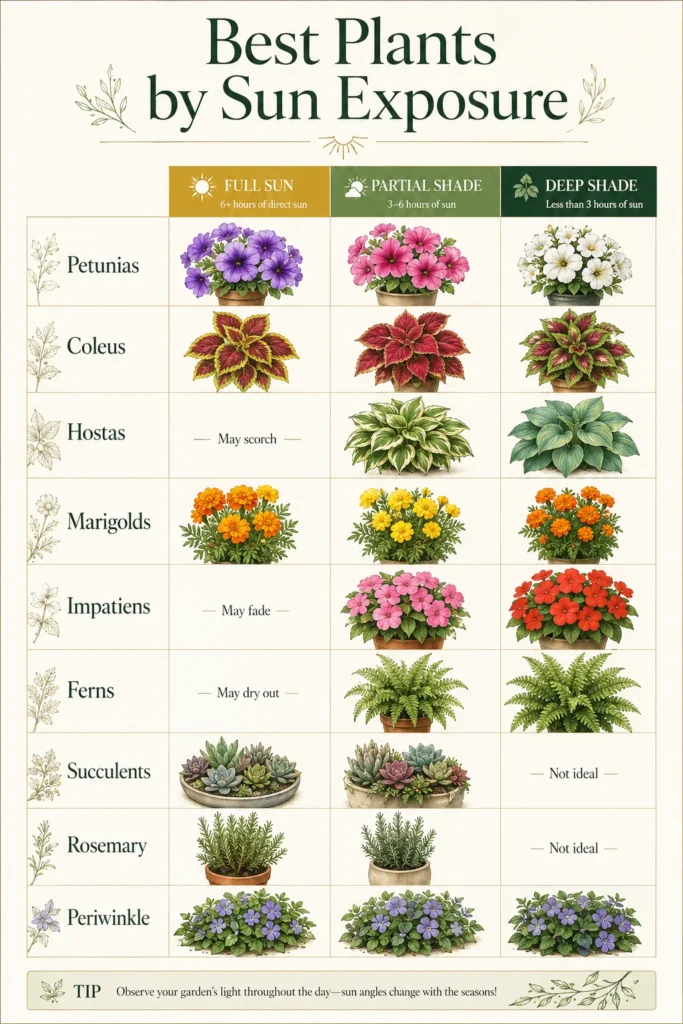 Plant selection chart comparing the best patio plants for full sun, partial shade, and deep shade with illustrations and growing recommendations.