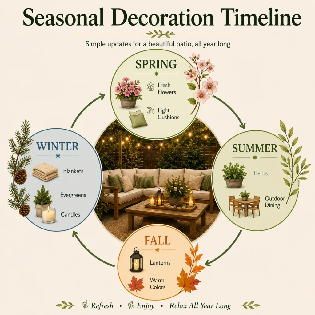Circular infographic showing seasonal patio decorating ideas for spring, summer, fall, and winter with flowers, herbs, lanterns, blankets, candles, and evergreen accents.