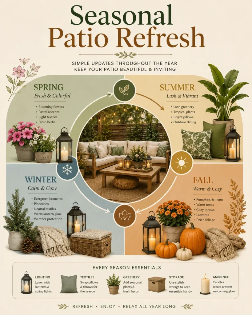 Seasonal patio refresh infographic featuring decorating ideas and maintenance tips for spring, summer, fall, and winter with year-round essentials.