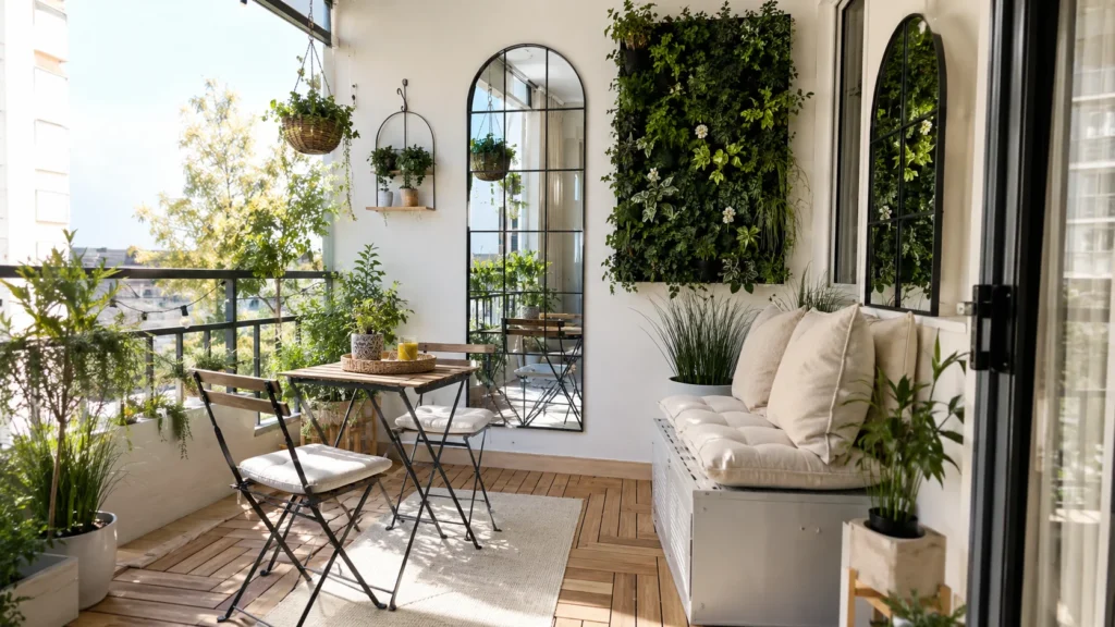 Small patio decor ideas: balcony with a vertical living wall, arched black-framed mirror, hanging planters, a bistro set on a jute rug and a cushioned storage bench