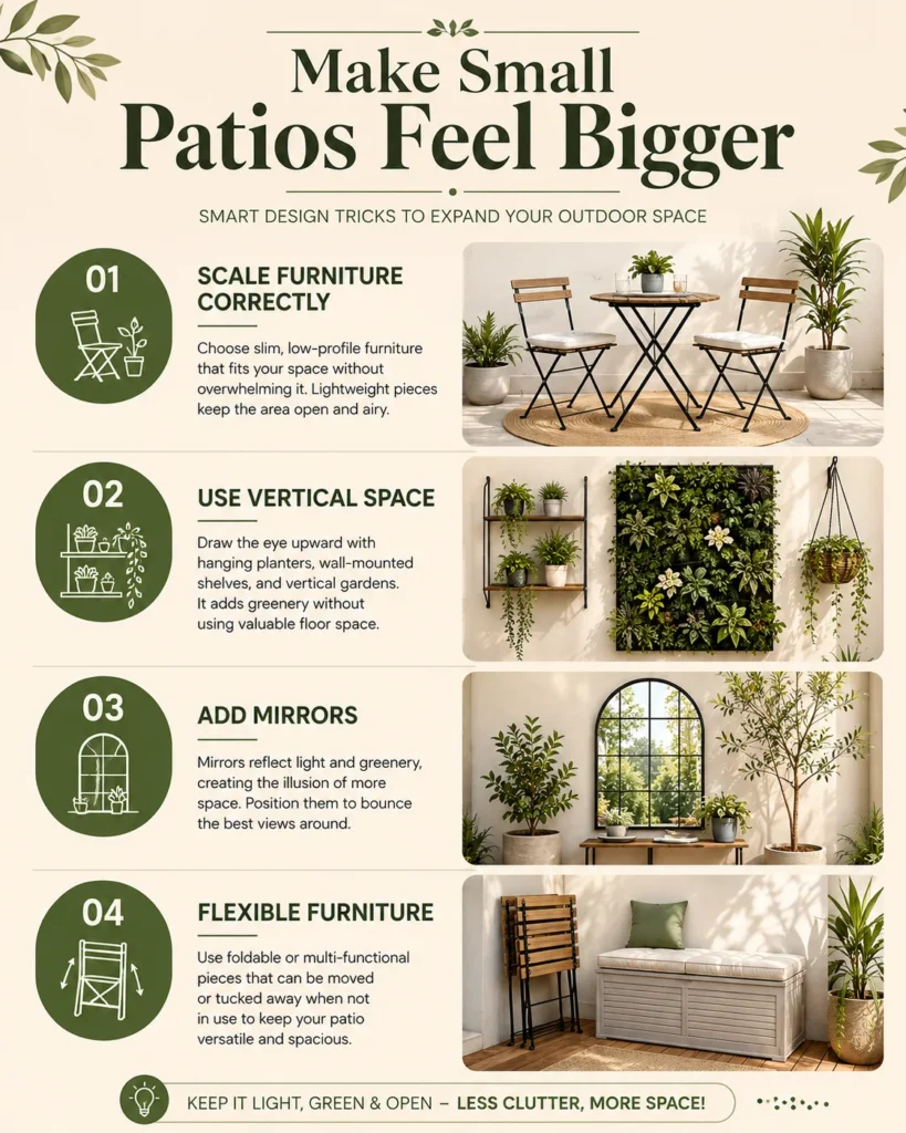 Bright small balcony patio featuring foldable furniture, vertical garden, mirrors, hanging planters, and minimalist décor that maximizes limited outdoor space.