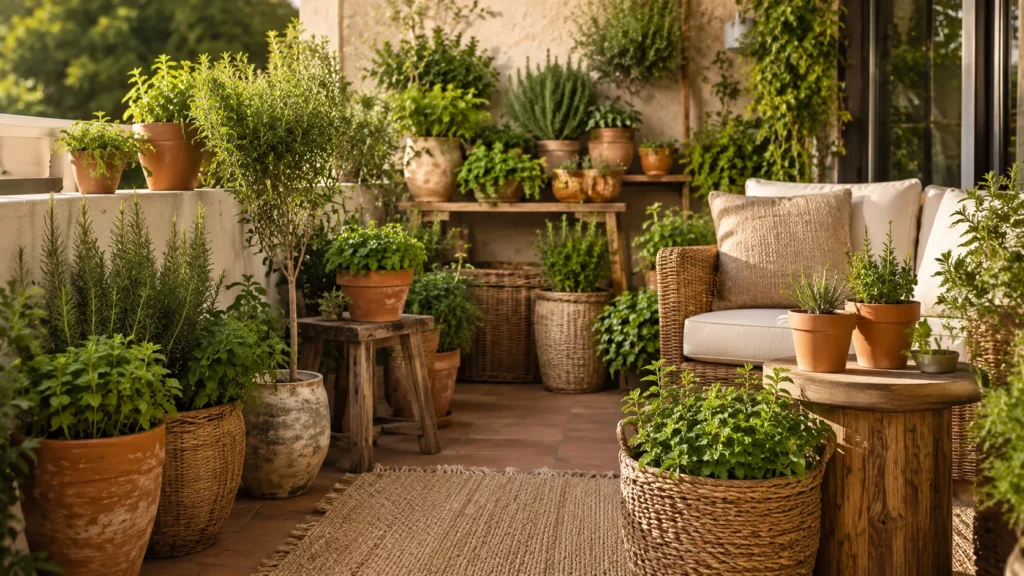Cozy patio decorated with terracotta pots, herbs, woven baskets, natural wood furniture, textured rugs, and abundant greenery for an organic outdoor style.