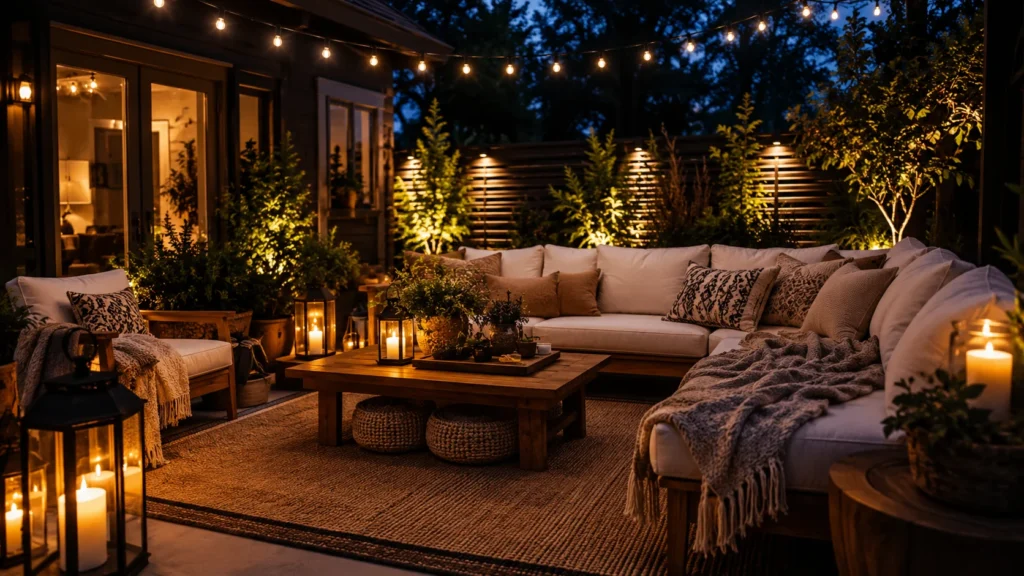 Comfortable patio featuring woven rugs, soft throws, decorative cushions, lanterns, candles, and warm string lights creating a cozy outdoor living room.