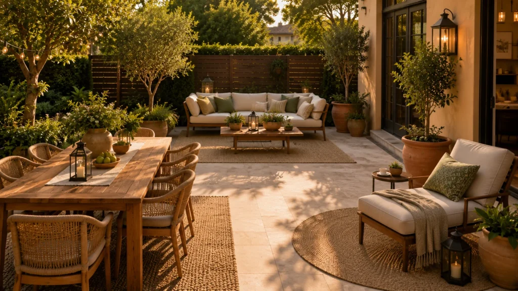 Beautifully styled patio with separate dining and lounge areas, natural materials, comfortable seating, potted plants, lanterns, and balanced outdoor design.
