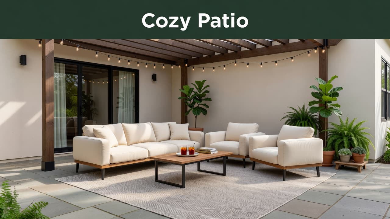 A stylish patio features plush sectional seating arranged on a patterned rug, accented by warm ambient string lights. Soft cushions and greenery create a relaxing sanctuary for outdoor living.