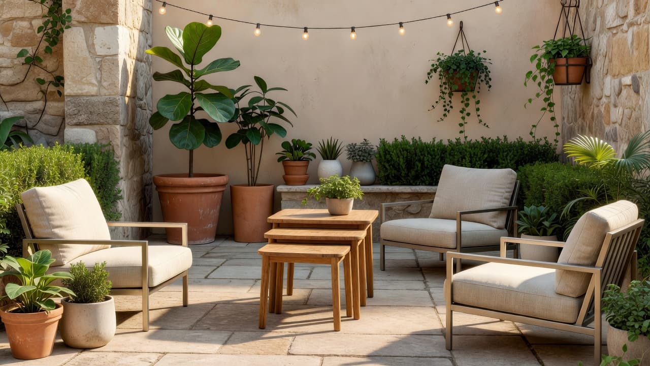 A compact outdoor patio features sleek nesting tables paired with minimalist seating. Lush greenery in terracotta pots frames the space, while soft warm lanterns create an inviting atmosphere for relaxation.