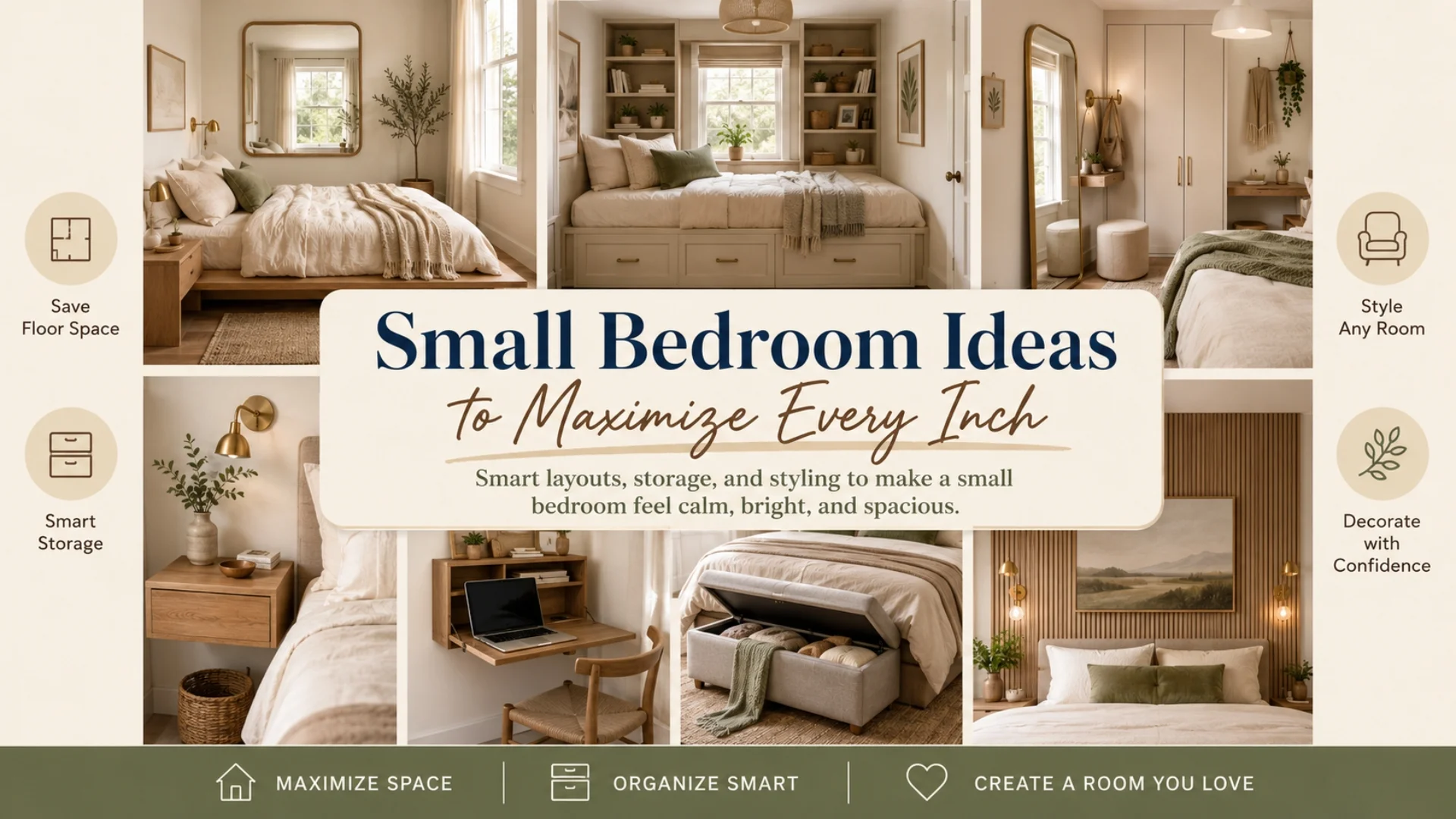 Small bedroom ideas in action: a tidy 10x10 room with a low platform bed, cream linen bedding, floating shelf nightstand and a mirror reflecting daylight