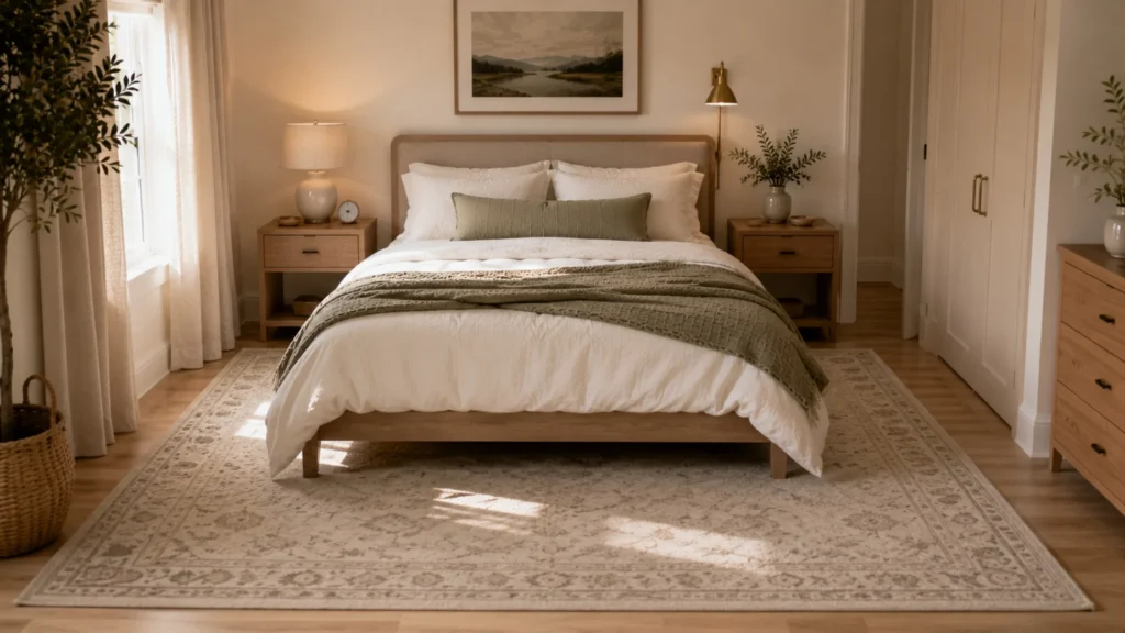 How to size area rugs in a small bedroom, with a low-pile rug under the lower two-thirds of the bed for a finished look