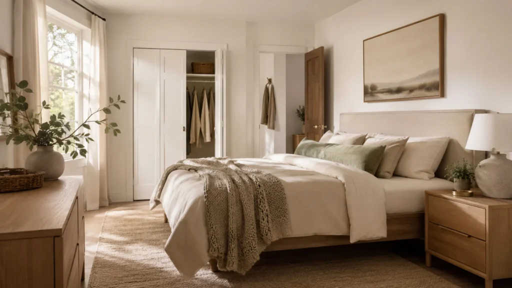 Ideal small bedroom layout with the bed against the longest wall and clear walking paths to the door, closet and window