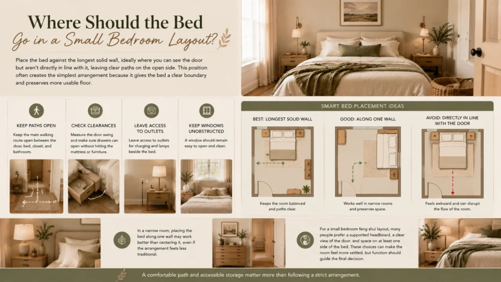 Infographic showing the ideal bed placement in a small bedroom, including recommended layouts against the longest wall, alternative narrow-room arrangements, and placements to avoid. Features bedroom layout diagrams, walking path guidance, clearance tips, outlet access, and feng shui-inspired recommendations in a warm neutral modern farmhouse style.
