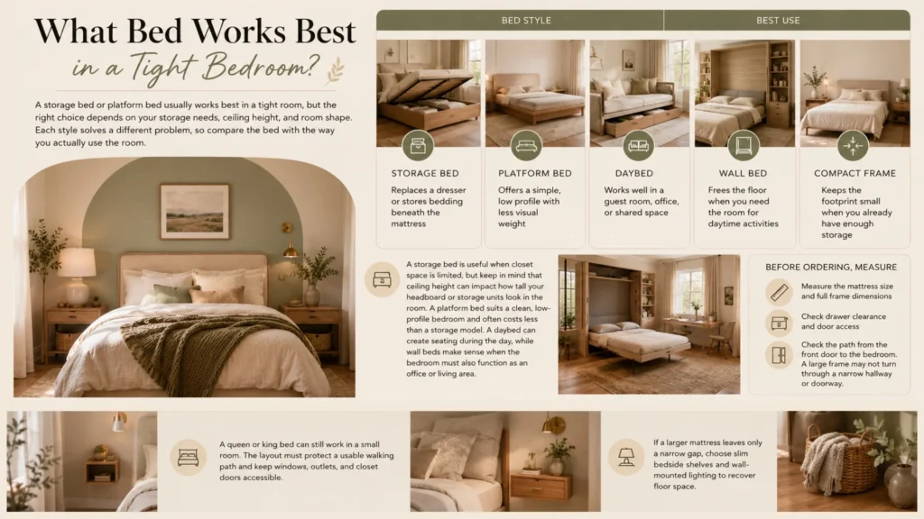 Infographic explaining the best bed styles for a small bedroom, comparing storage beds, platform beds, daybeds, wall beds, and compact bed frames. Includes warm neutral bedroom photography, a comparison table, measuring tips, storage advice, and layout recommendations for maximizing floor space.