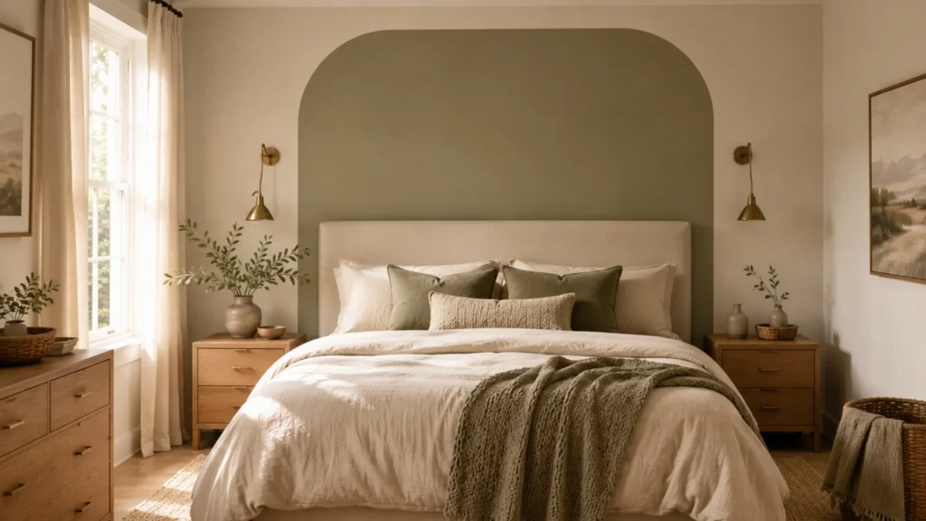 Calm feature wall behind the bed as a small bedroom design idea, with a soft painted arch anchoring the neutral room