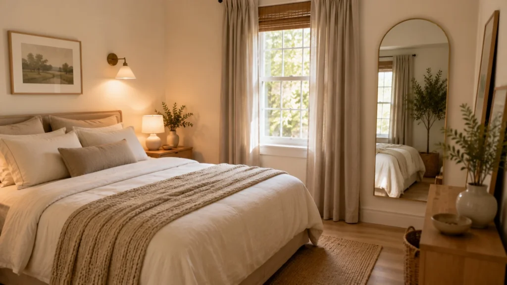Small space bedroom design using a light tonal color palette, a mirror and layered warm lighting to feel bigger and brighter