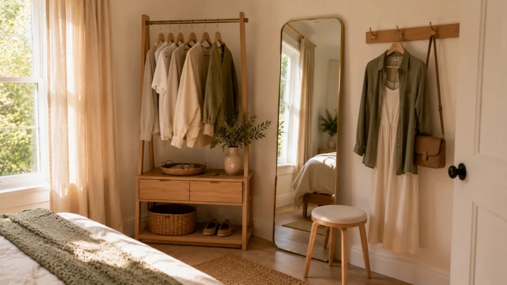 Small bedroom layout idea turning an empty corner into a compact dressing zone with a slim wardrobe, mirror and hook rail