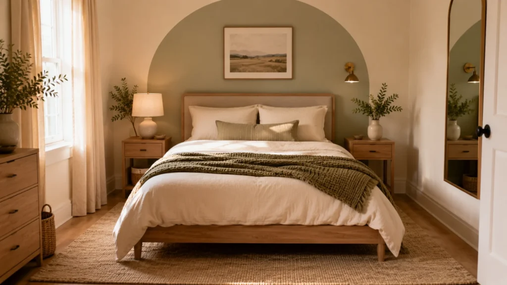 Modern small bedroom featuring a calming sage-green painted arch as a feature wall behind a light wood bed with crisp white linen bedding and a textured olive knit throw. Matching wooden nightstands with warm brass wall sconces, soft natural daylight, woven rug, greenery, and a full-length mirror create a bright, cozy, modern farmhouse-inspired space with a clean, uncluttered aesthetic.
