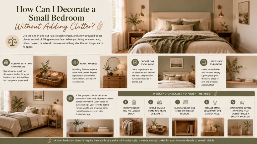 Infographic with practical tips for decorating a small bedroom without creating clutter, featuring organized storage baskets, trays, simple styling, a feature wall, repeated finishes, and a weekend decluttering checklist. Warm neutral bedroom photography illustrates calm, minimalist, modern farmhouse-inspired decor ideas.