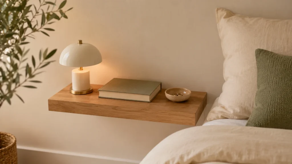 Slim floating shelves used as a bedside table in a small bedroom, styled with one lamp and a book to free up floor space