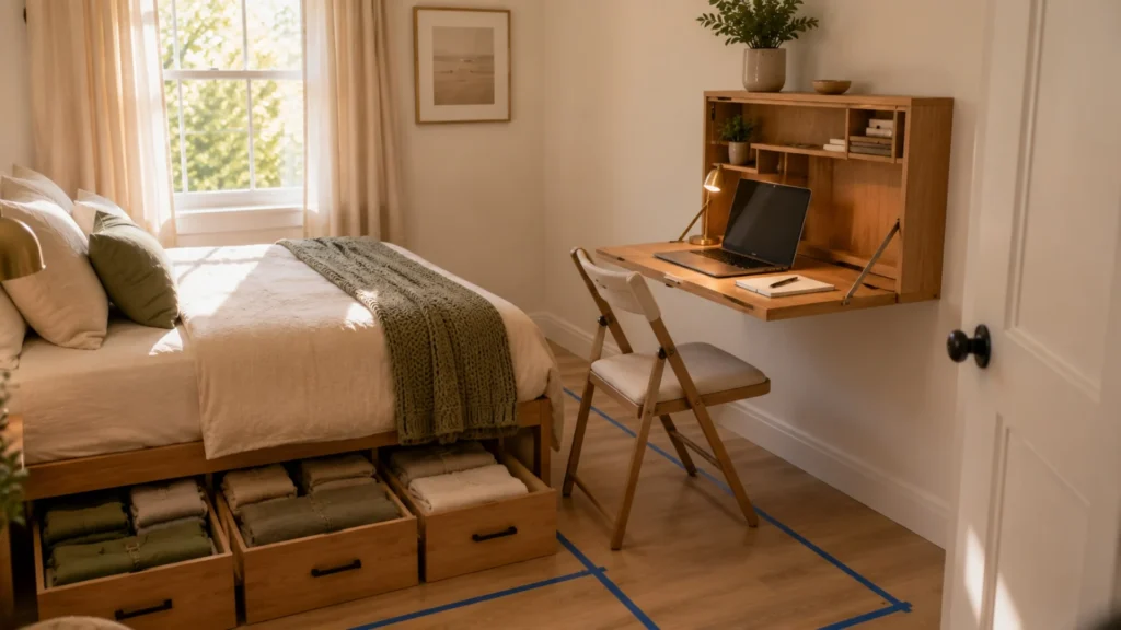 Wall-mounted fold-down desk as space-saving small bedroom furniture with a folding chair tucked underneath in a compact room