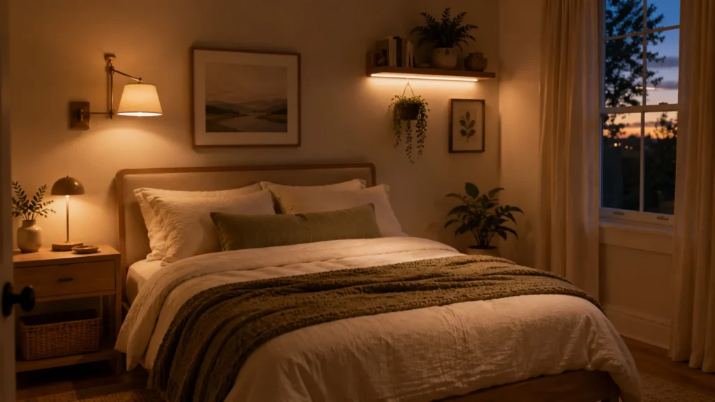 Small space bedroom design with layered warm lighting: a wall sconce, bedside lamp and under-shelf LED for a cozy mood
