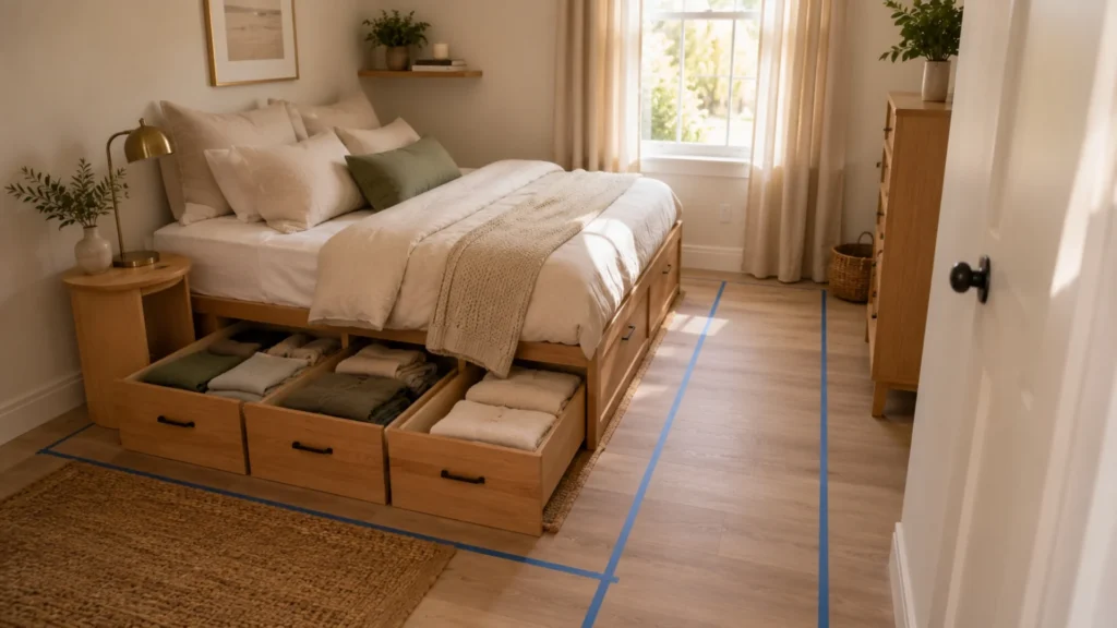 Small bedroom storage ideas using a storage bed with under-bed drawers holding folded clothes and spare bedding to save floor space