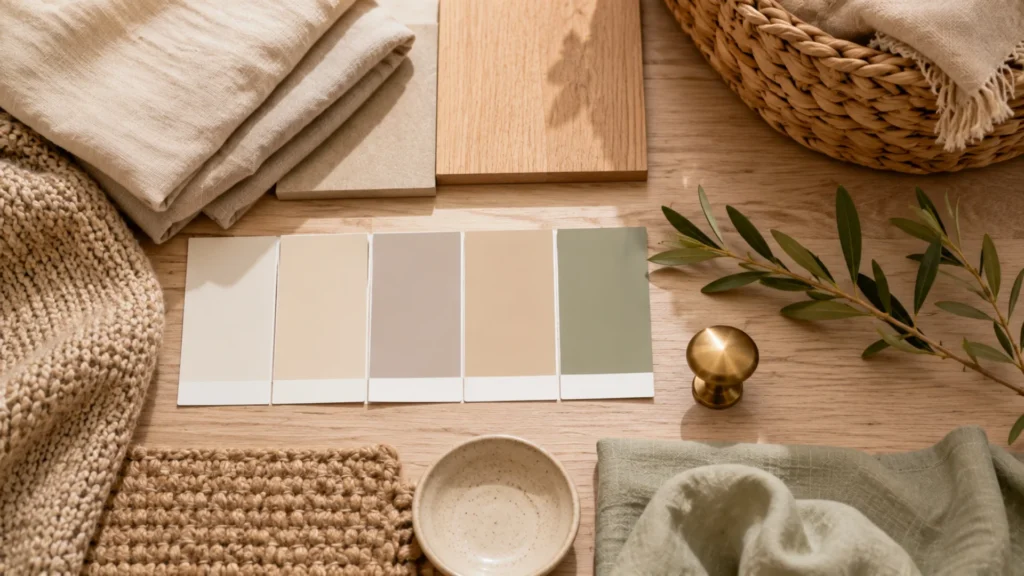 Light tonal color palette for a small bedroom design, showing warm white, cream, greige and sage swatches with linen and wood