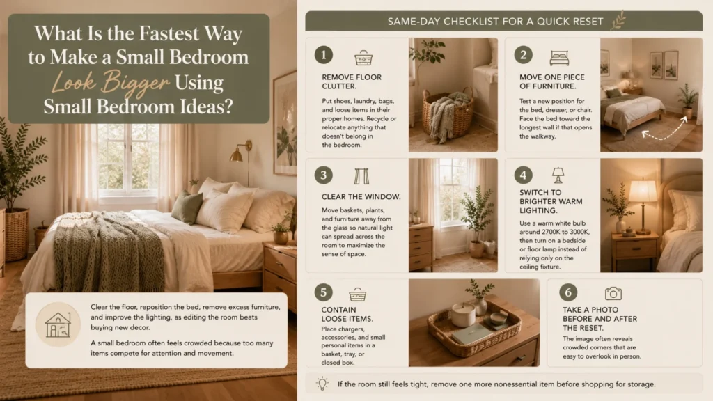 Infographic outlining quick ways to make a small bedroom look bigger, including removing clutter, repositioning furniture, improving natural and artificial lighting, organizing small items, and taking before-and-after photos. Features step-by-step illustrations, cozy neutral bedroom photography, and a same-day room reset checklist.