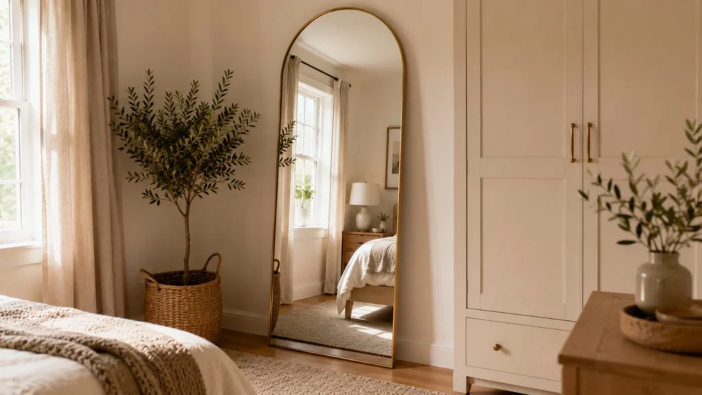 Decorative mirror placed opposite a window in a small bedroom to reflect daylight and make the room feel larger